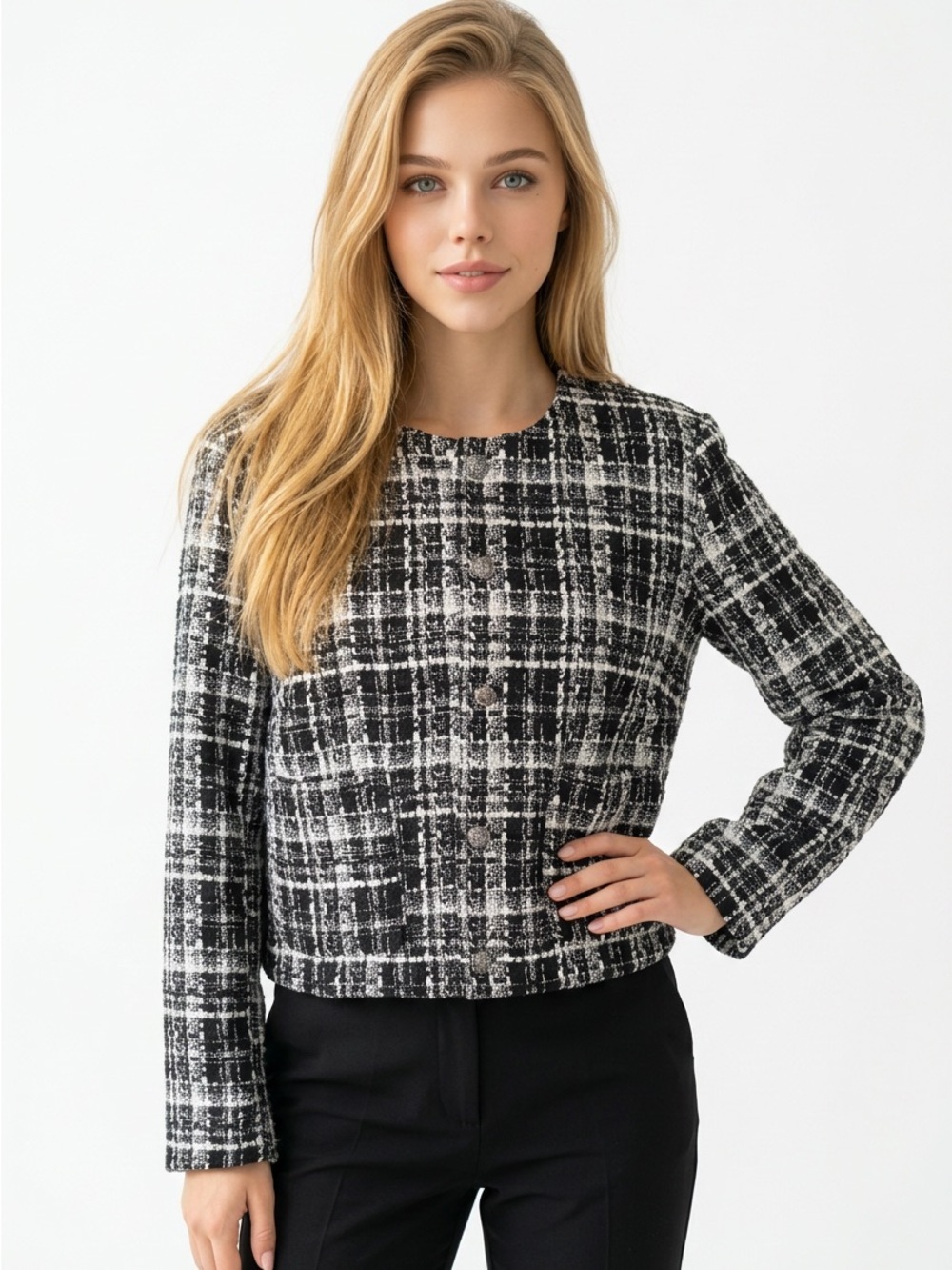 H&M Monochrome Tweed Cropped Blazer XL w Front Pockets